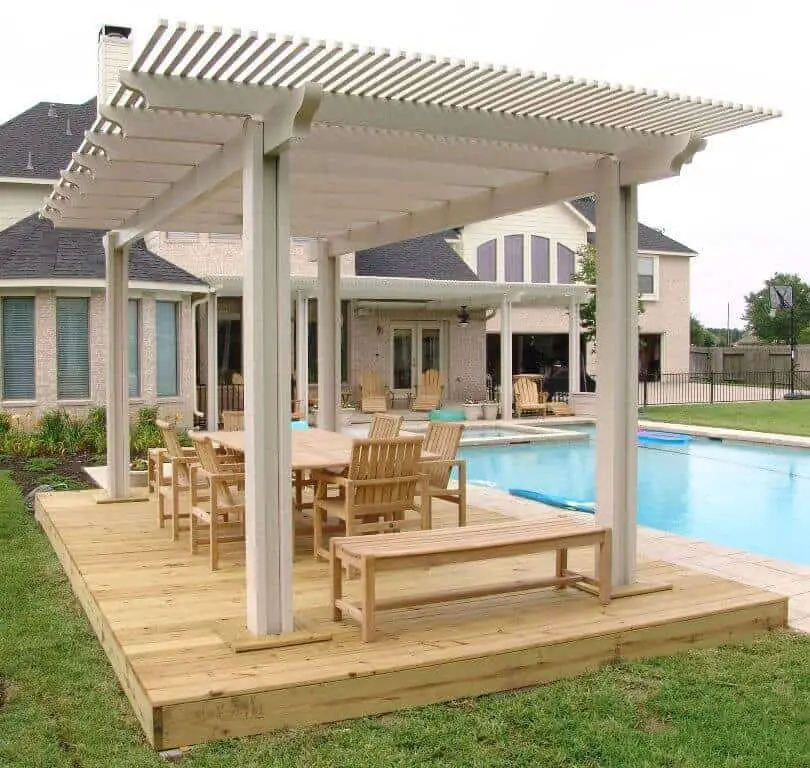 One can take these pool and pergola designs and adapt them to space they have available, either attached to the house or standing by itself, openly, or similar to a gazebo, at your pool’s side.