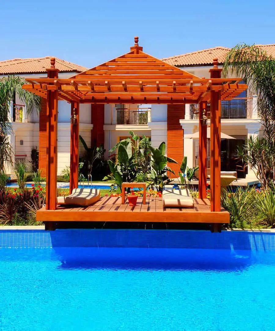 One can take these pool and pergola designs and adapt them to space they have available, either attached to the house or standing by itself, openly, or similar to a gazebo, at your pool’s side.