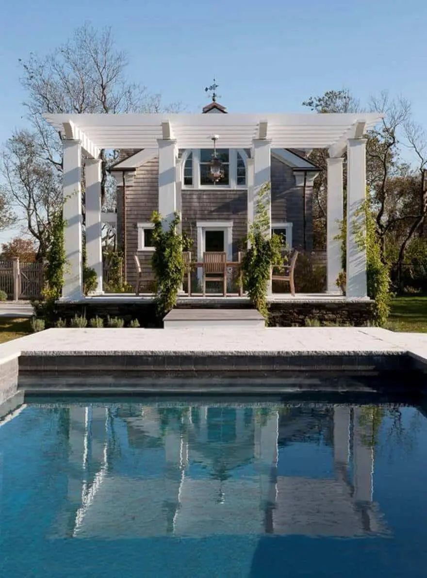 One can take these pool and pergola designs and adapt them to space they have available, either attached to the house or standing by itself, openly, or similar to a gazebo, at your pool’s side.