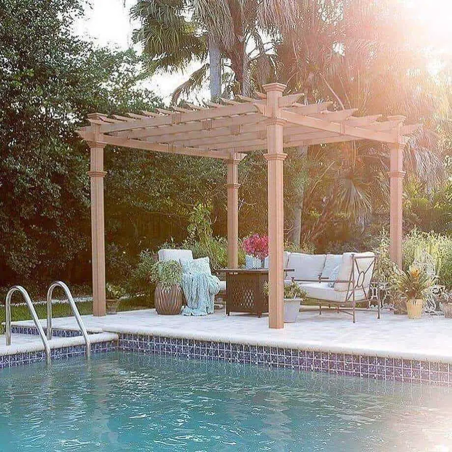 One can take these pool and pergola designs and adapt them to space they have available, either attached to the house or standing by itself, openly, or similar to a gazebo, at your pool’s side.