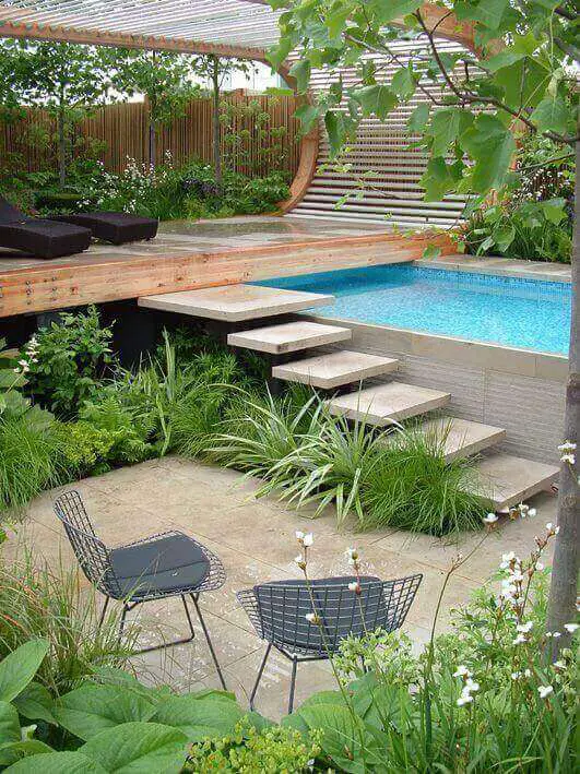 One can take these pool and pergola designs and adapt them to space they have available, either attached to the house or standing by itself, openly, or similar to a gazebo, at your pool’s side.