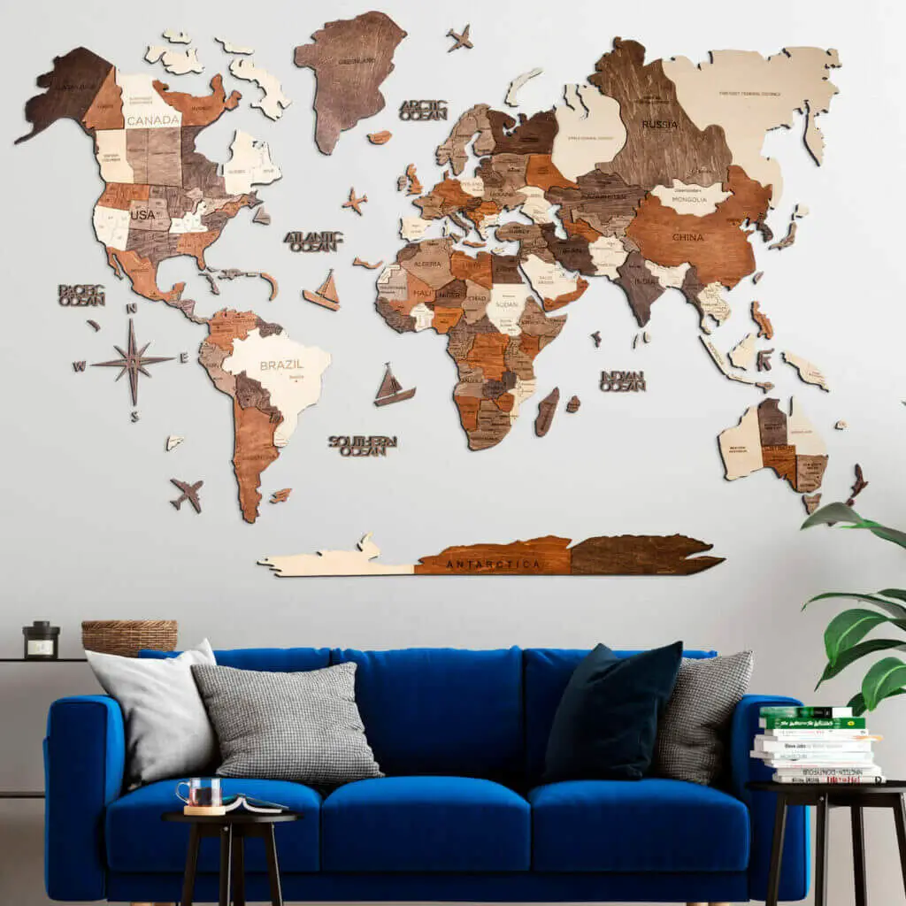 Photo of a wooden world map on the wall.