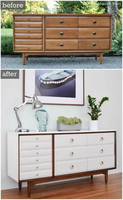 Before and after of a sideboard customized to look modern.