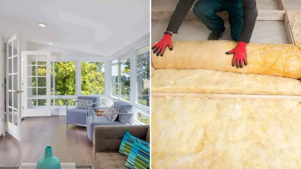 How to insulate a sunroom? Photo of a finished sunroom and a person laying down rock wool insulation on a sunroom floor.