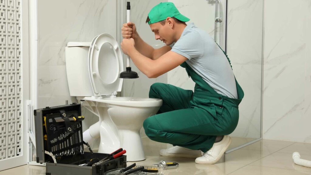 How to Unclog a Toilet When Nothing Works. Photo of a plumber unclogging a toilet.