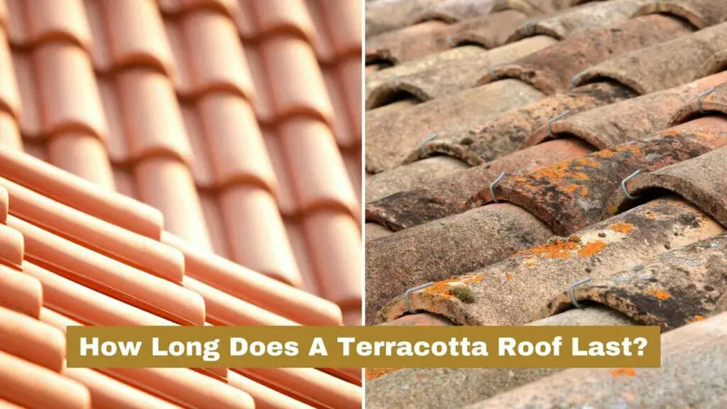 Photo of a cleaned terracotta roof on the left and another with moss and fungus on the right. How Long Does A Terracotta Roof Last?