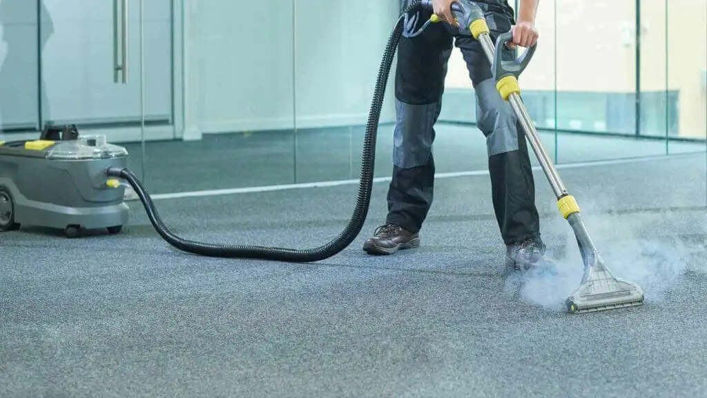 Photo of a person steam cleaning a carpet.