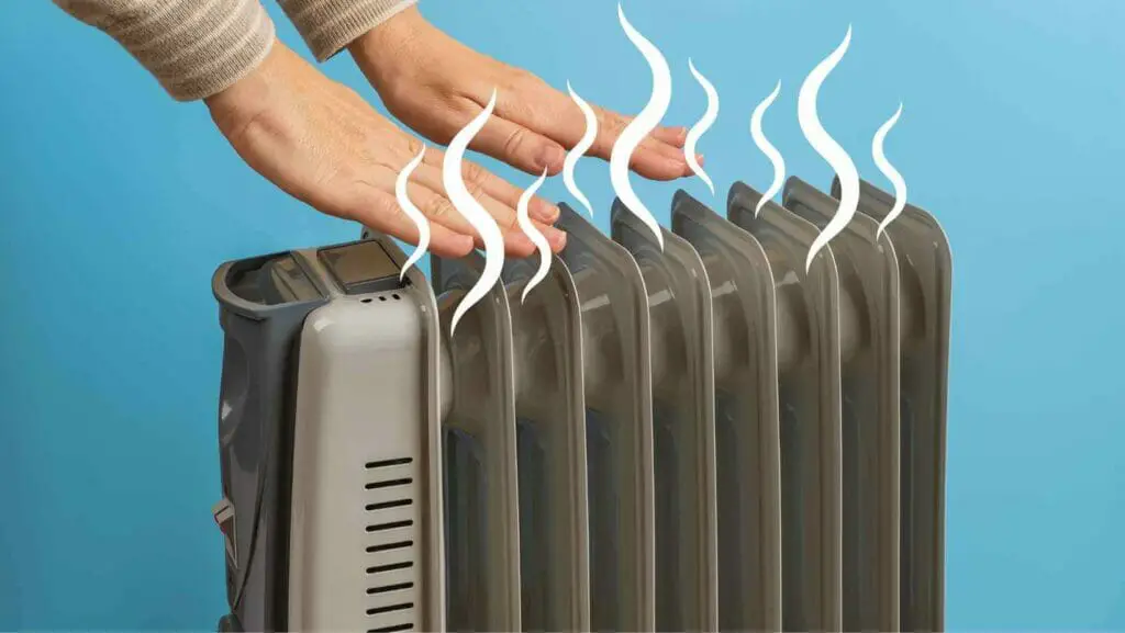 Photo of a person heating her hands on an oil heater that's emitting oil smell. Oil Smell in House