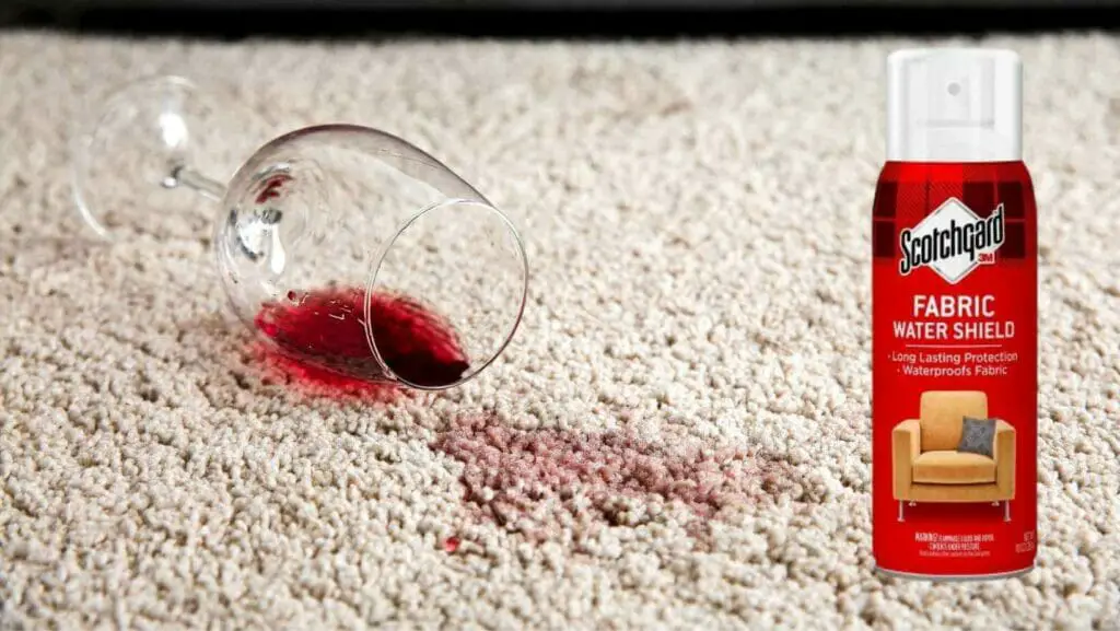 wine glass dropped on the carpet and spilled wine. A bottle of Scotchgard by its side. Should You Scotchgard Carpet After Cleaning?