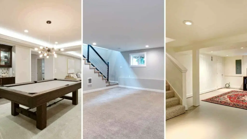 Photo of three different basements with different ceiling colors. What Color to Paint a Basement Ceiling?