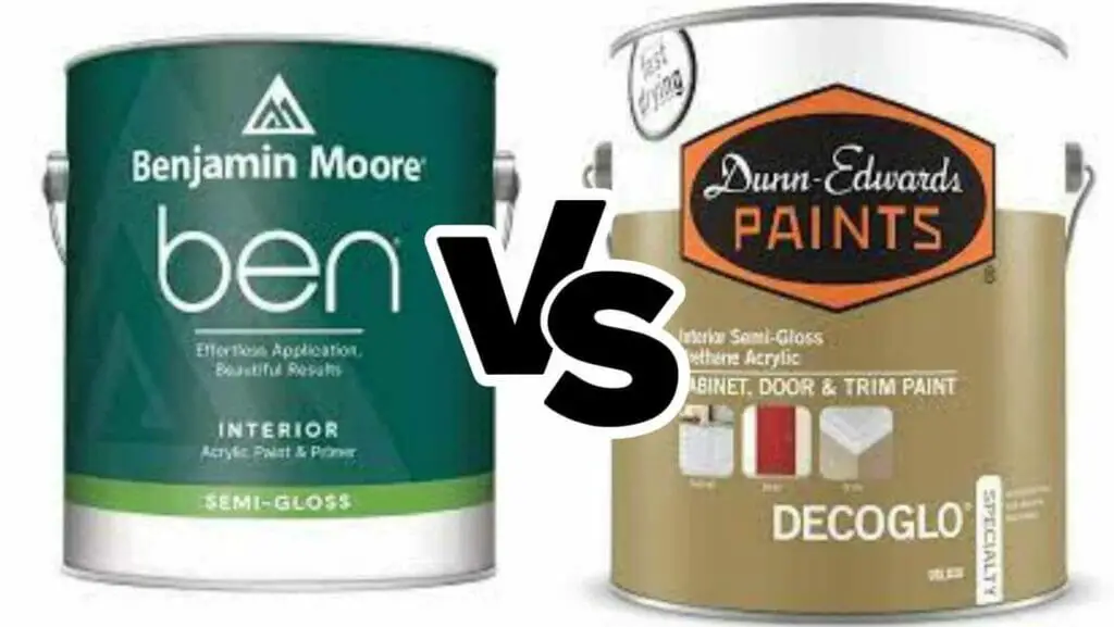 Photo of a can of Benjamin Moore on the left and a can of Dunn Edwards on the right. Benjamin Moore vs Dunn Edwards.
