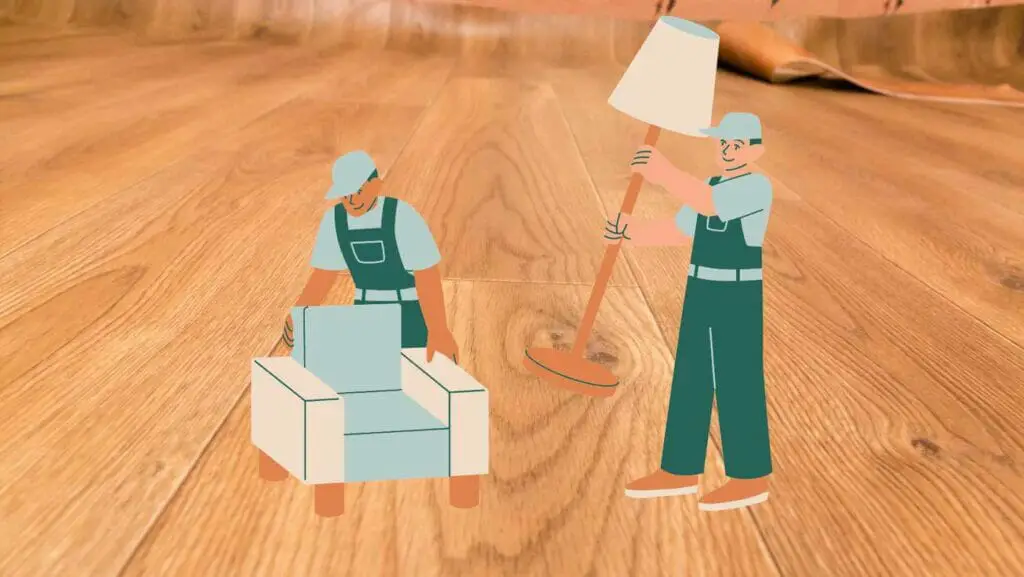 Photo of vinyl plank flooring and a drawing of two men placing furniture on it. Heavy Furniture on Vinyl Plank Flooring.