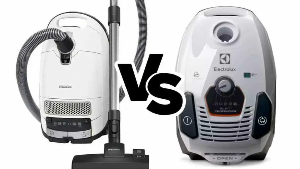 Photo of a Miele vacuum on the left and an electrolux vacuum on the right. Miele Vacuum vs Electrolux.