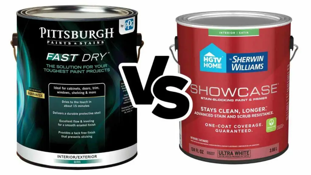 Photo of a can of Pittsburgh Paint on the left and a can of Sherwin Williams on the right. Pittsburgh Paint vs Sherwin Williams