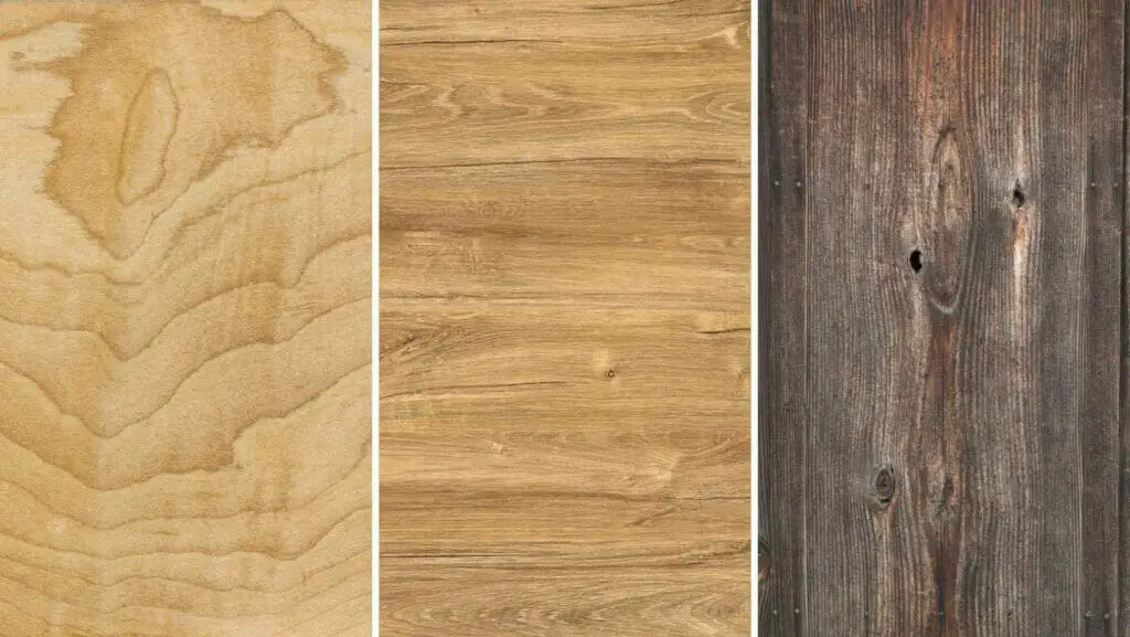 Photo of three different types of wood grain patterns.