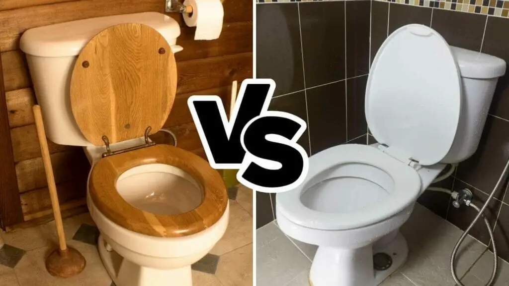 Photo of a wooden toilet seat on the left and a white plastic toilet seat on the right. 
Wood vs Plastic Toilet Seat.