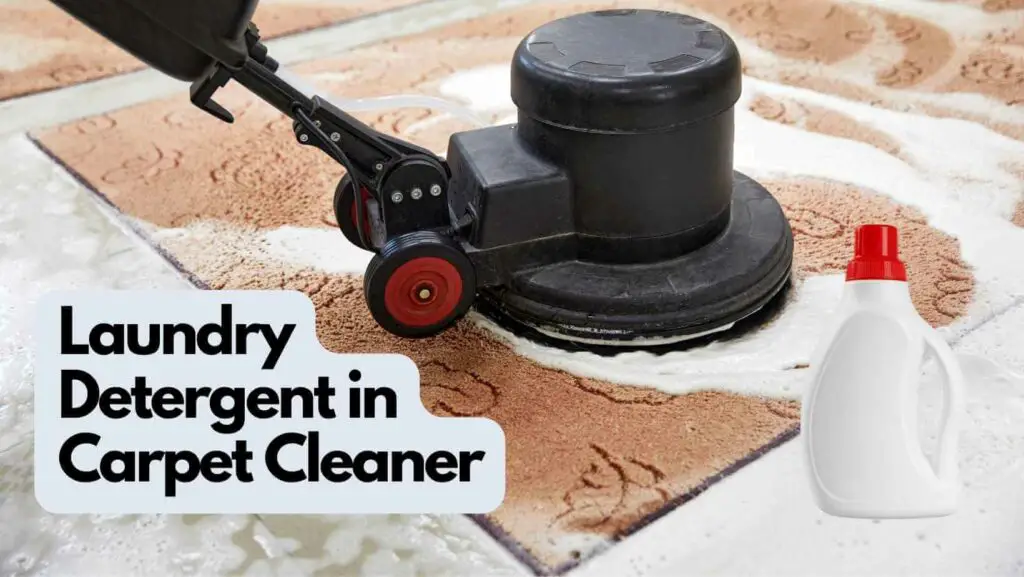 Photo of a carpet cleaner cleaning a carpet and detergent foam appearing. There's a bottle of laundry detergent also. Laundry Detergent in Carpet Cleaner.
