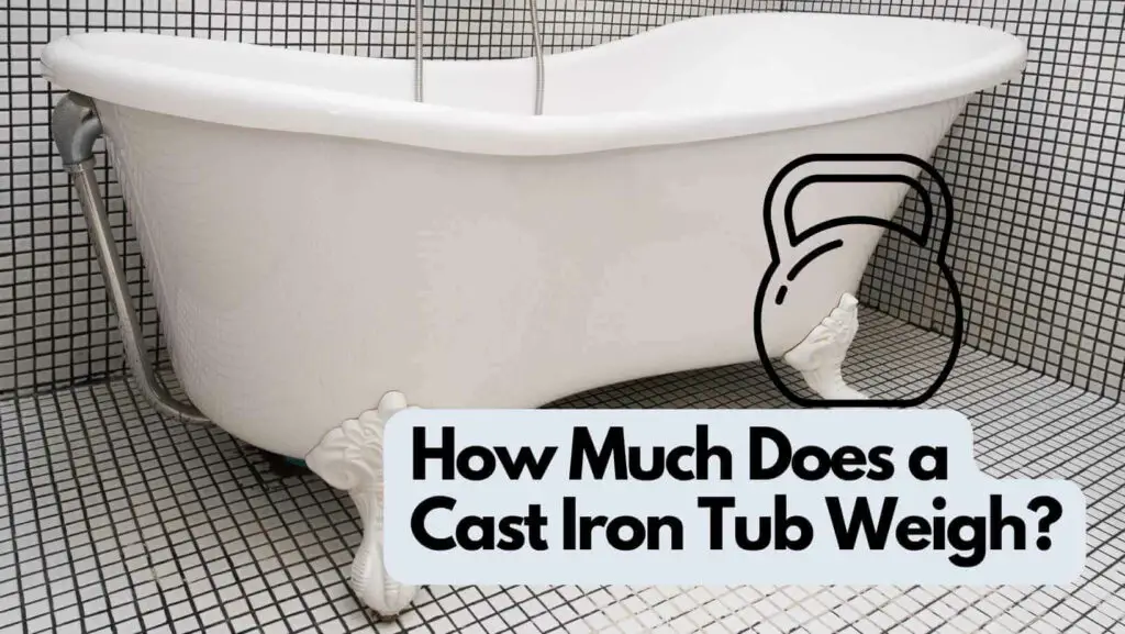 Photo of a white cast iron tub installed on a bathroom with white gum ceramic tiles. How Much Does a Cast Iron Tub Weigh?