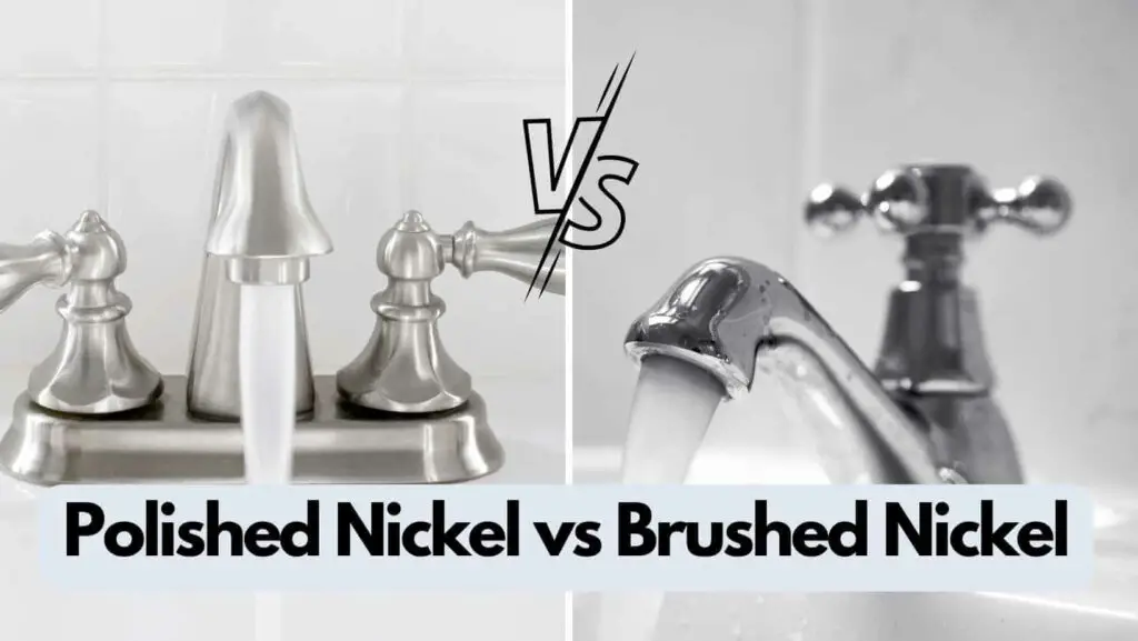 Photo of a brushed nickel faucet on the left and a polished nickel faucet on the right. Polished Nickel vs Brushed Nickel